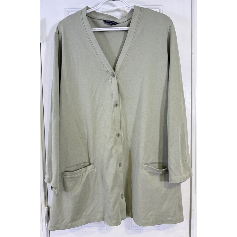 Lands' End Women's 3X Sage Green Button Front Cardigan Tunic Pockets Cotton